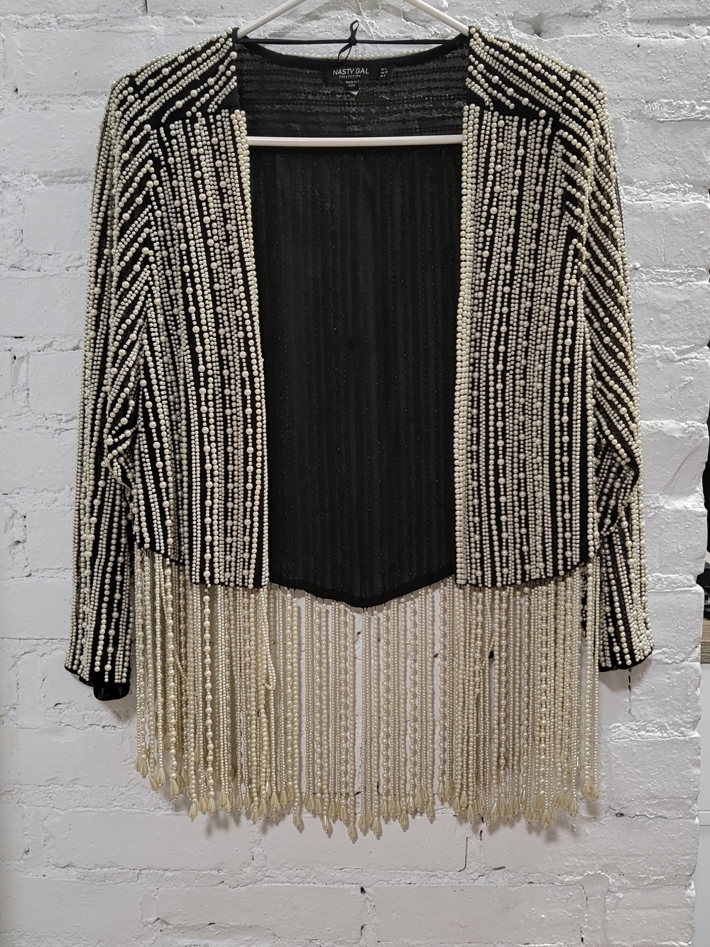Nasty Gal Black & Ivory Beaded Fringe Open-Front Cardigan